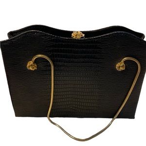 Vintage After Five Black Clutch Handbag with gold toned metal handles, gold rose